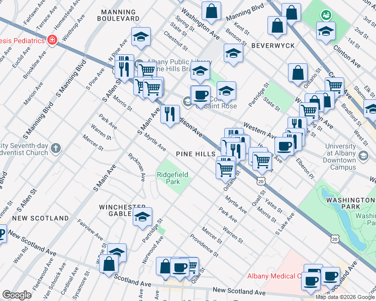 map of restaurants, bars, coffee shops, grocery stores, and more near 573 Morris Street in Albany