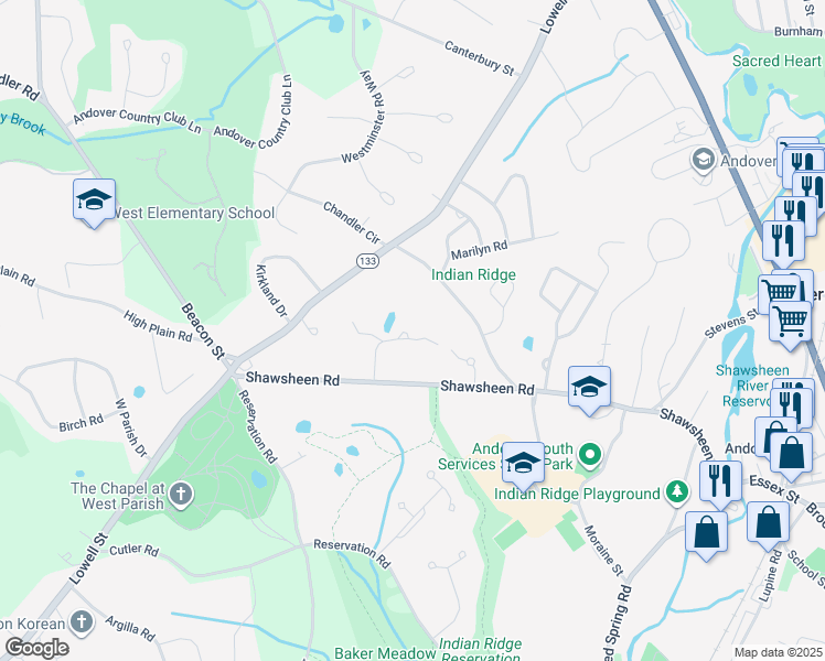 map of restaurants, bars, coffee shops, grocery stores, and more near 16 Leah Way in Andover