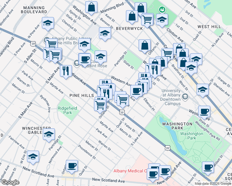 map of restaurants, bars, coffee shops, grocery stores, and more near 273 Ontario Street in Albany