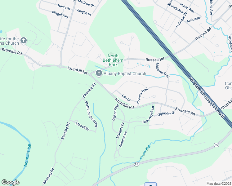 map of restaurants, bars, coffee shops, grocery stores, and more near 36 Erie Drive in Slingerlands