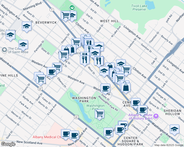 map of restaurants, bars, coffee shops, grocery stores, and more near 415 Washington Ave in Albany