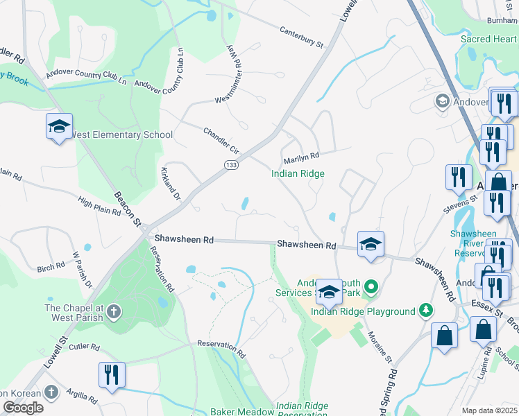 map of restaurants, bars, coffee shops, grocery stores, and more near 16 Leah Way in Andover