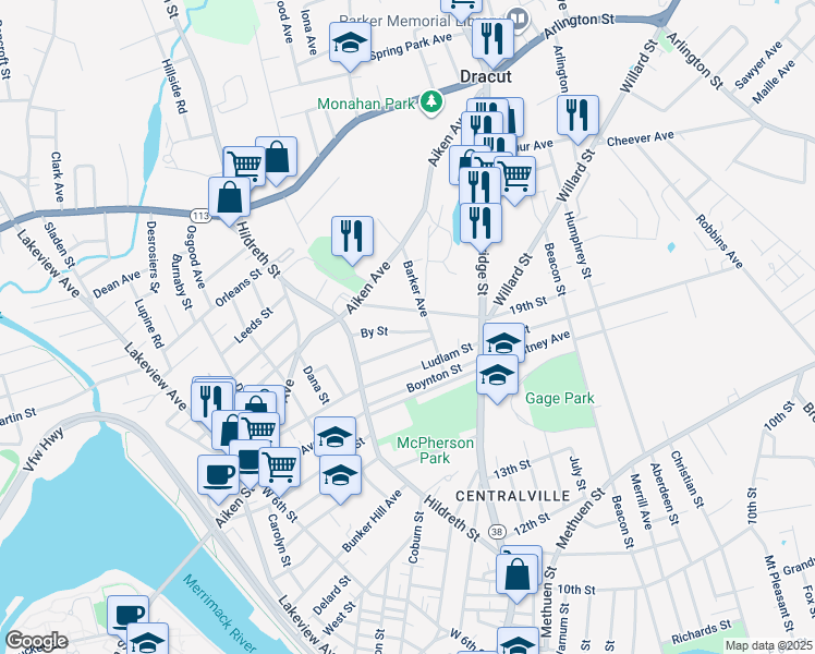 map of restaurants, bars, coffee shops, grocery stores, and more near 41 By Street in Lowell
