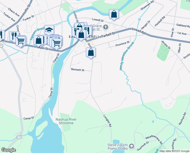 map of restaurants, bars, coffee shops, grocery stores, and more near 15 Williams Street in Pepperell