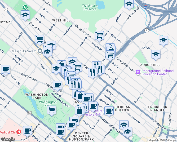 map of restaurants, bars, coffee shops, grocery stores, and more near 395 Orange Street in Albany