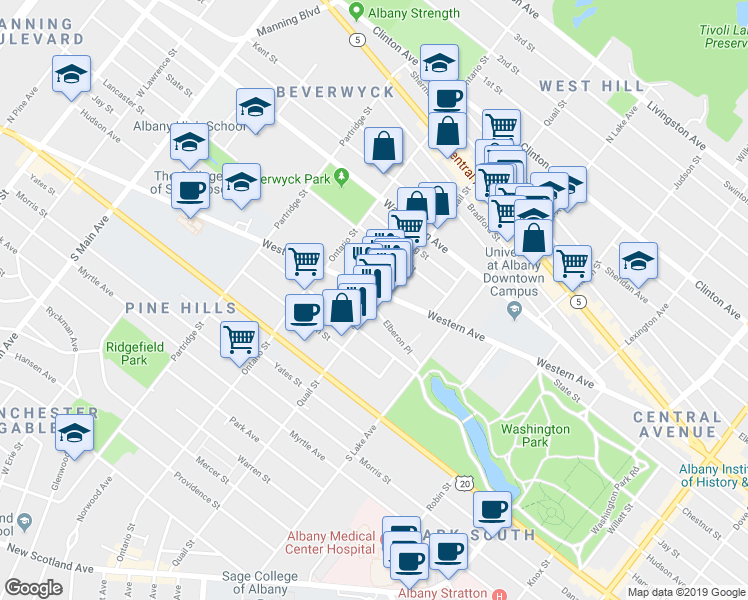 map of restaurants, bars, coffee shops, grocery stores, and more near in Albany