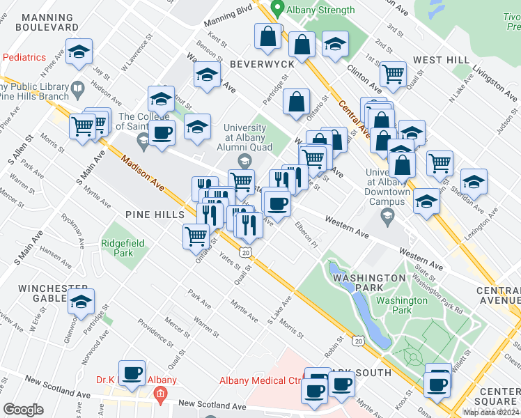 map of restaurants, bars, coffee shops, grocery stores, and more near 465 Hudson Avenue in Albany