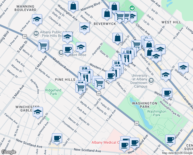 map of restaurants, bars, coffee shops, grocery stores, and more near 492 Hudson Avenue in Albany