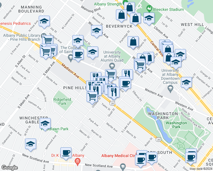 map of restaurants, bars, coffee shops, grocery stores, and more near 506 Hamilton Street in Albany