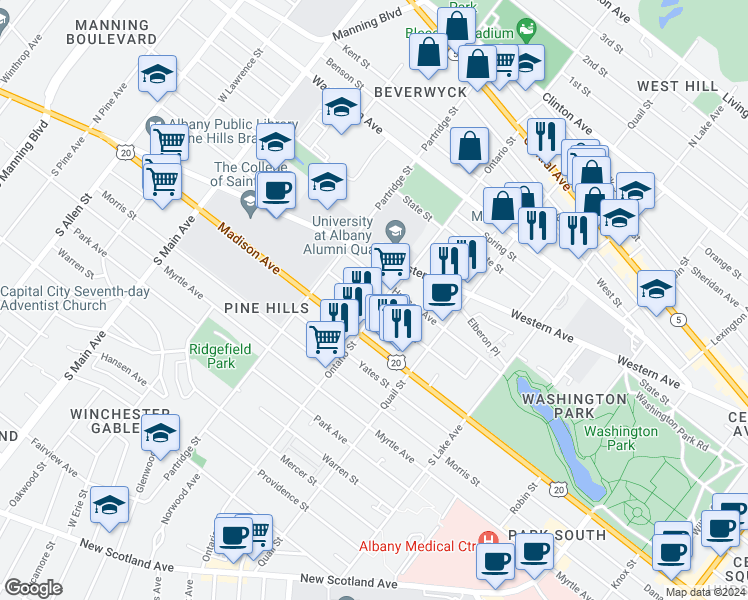 map of restaurants, bars, coffee shops, grocery stores, and more near 506 Hamilton Street in Albany