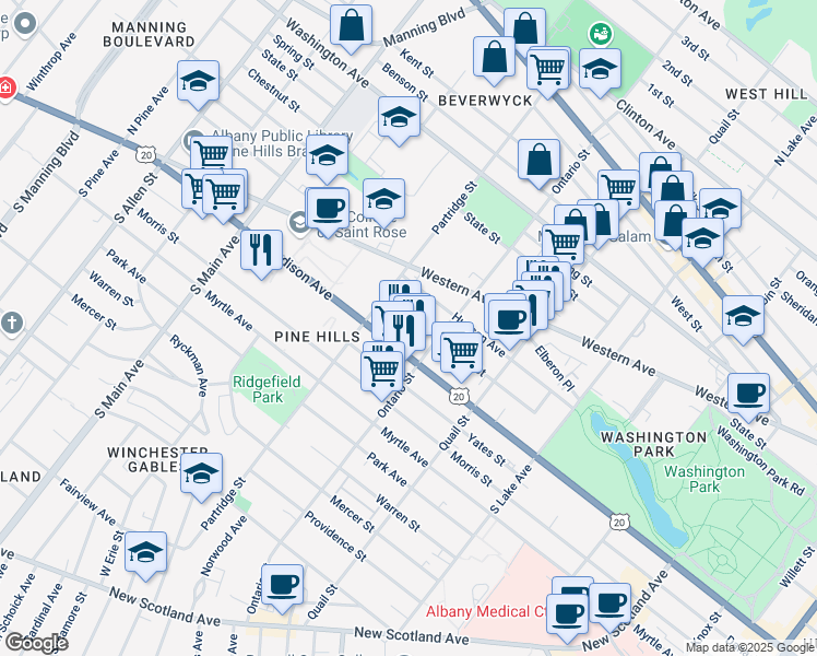 map of restaurants, bars, coffee shops, grocery stores, and more near 506 Hamilton Street in Albany