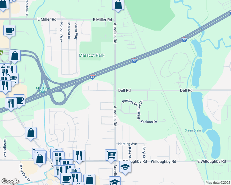 map of restaurants, bars, coffee shops, grocery stores, and more near 6610 North Aurelius Road in Lansing