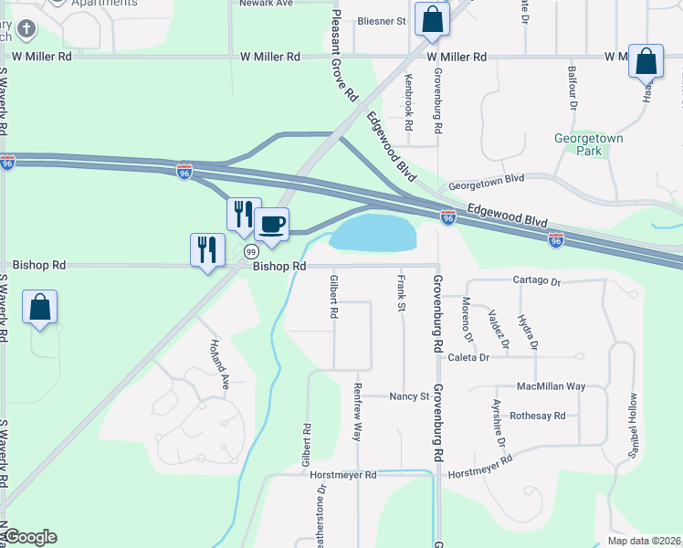 map of restaurants, bars, coffee shops, grocery stores, and more near 6105 Bishop Road in Lansing