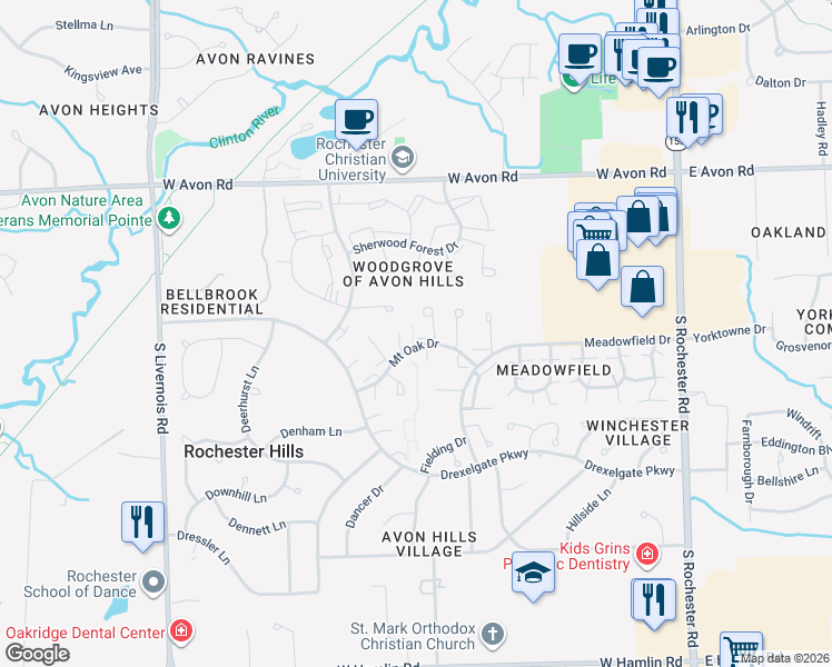 map of restaurants, bars, coffee shops, grocery stores, and more near 976 Leaf Court in Rochester Hills
