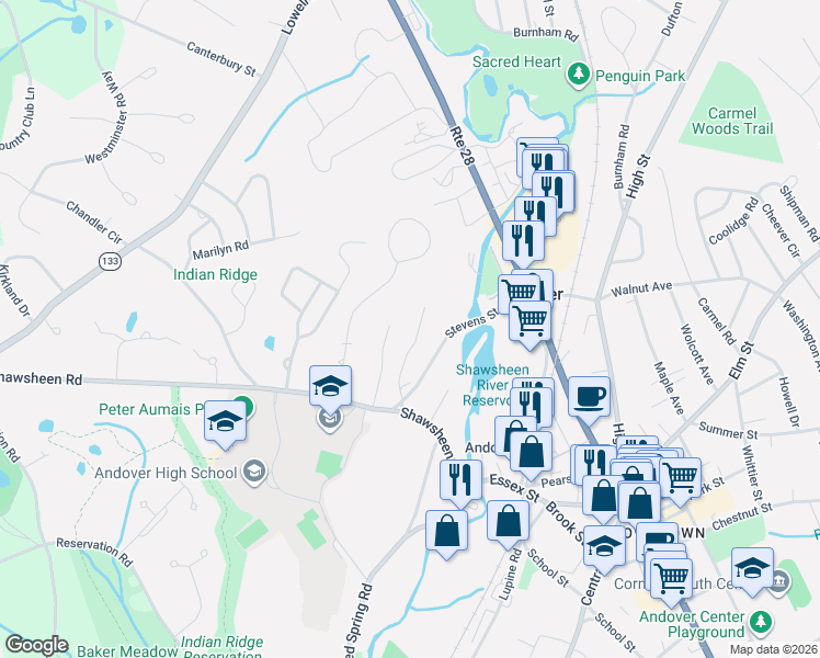 map of restaurants, bars, coffee shops, grocery stores, and more near 14 Cassimere Street in Andover