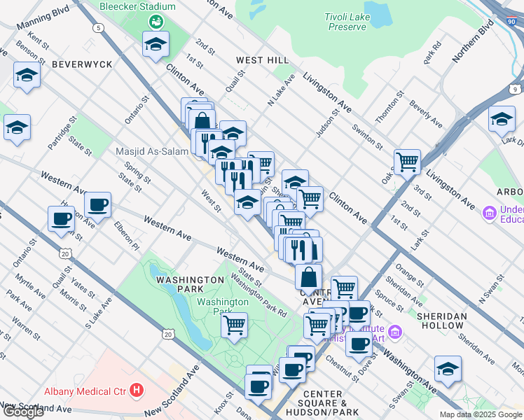 map of restaurants, bars, coffee shops, grocery stores, and more near 171 Central Avenue in Albany