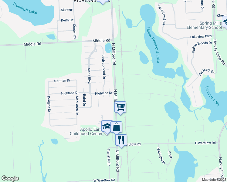 map of restaurants, bars, coffee shops, grocery stores, and more near 2377 North Milford Road in Highland Charter Township