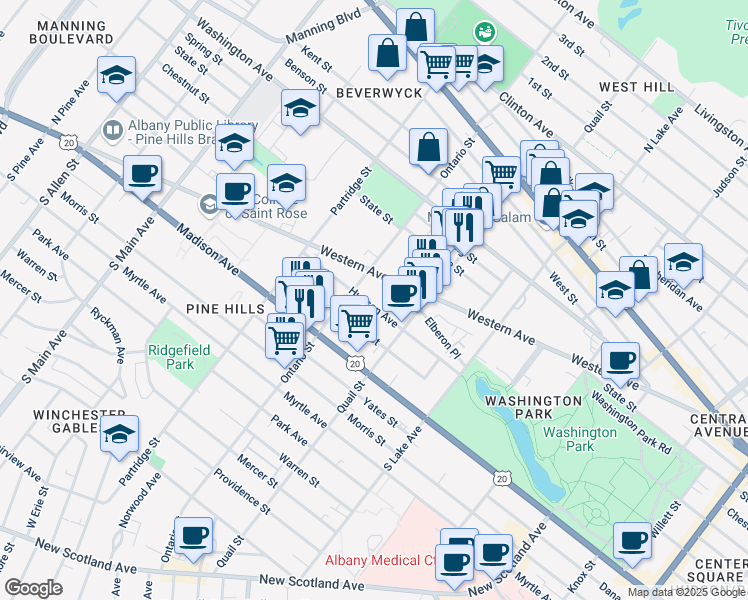map of restaurants, bars, coffee shops, grocery stores, and more near 477 Hudson Avenue in Albany