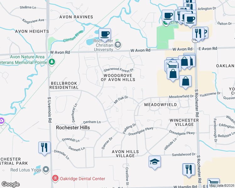 map of restaurants, bars, coffee shops, grocery stores, and more near 976 Leaf Court in Rochester Hills