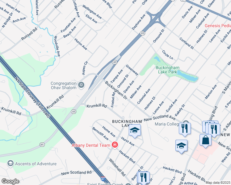 map of restaurants, bars, coffee shops, grocery stores, and more near 90 Buckingham Drive in Albany