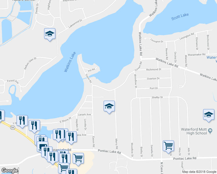 map of restaurants, bars, coffee shops, grocery stores, and more near 3870 Covert Road in Waterford Township