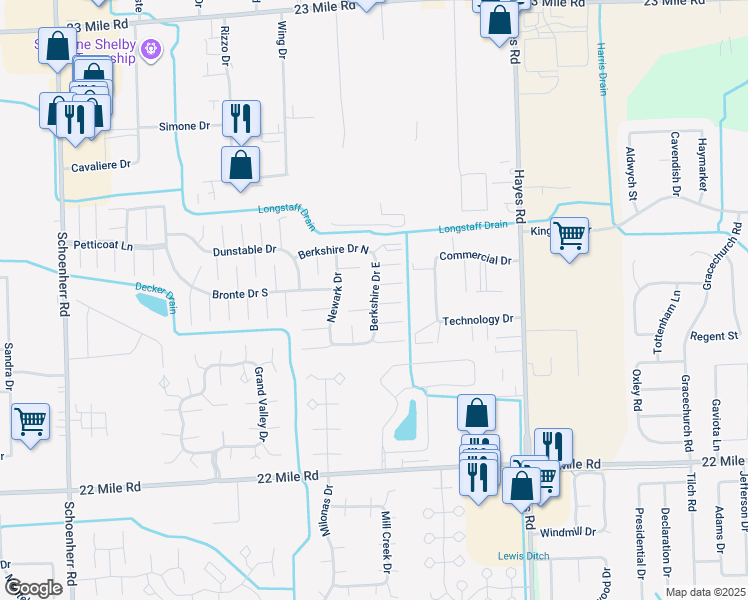map of restaurants, bars, coffee shops, grocery stores, and more near 14569 Leeds Court in Macomb County