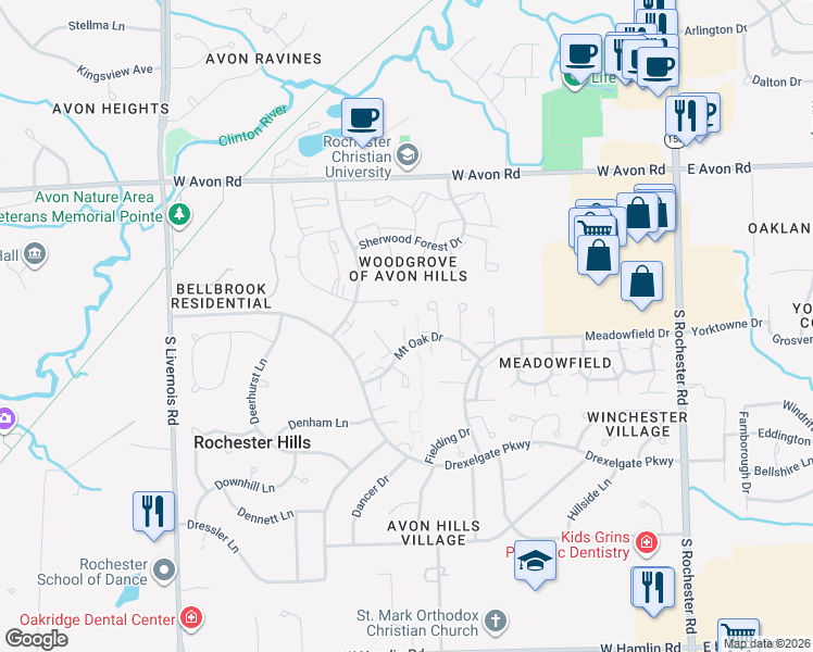 map of restaurants, bars, coffee shops, grocery stores, and more near 976 Leaf Court in Rochester Hills