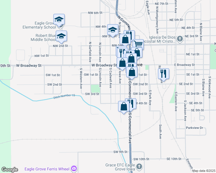 map of restaurants, bars, coffee shops, grocery stores, and more near 301 South Cadwell Avenue in Eagle Grove