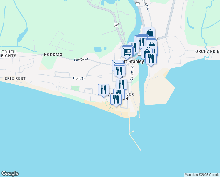 map of restaurants, bars, coffee shops, grocery stores, and more near First Street in Port Stanley