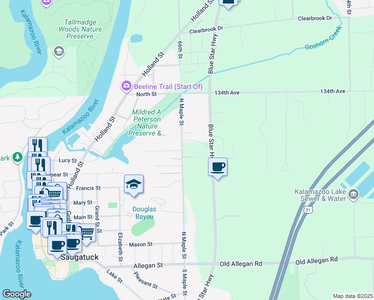map of restaurants, bars, coffee shops, grocery stores, and more near 611 North Maple Street in Saugatuck
