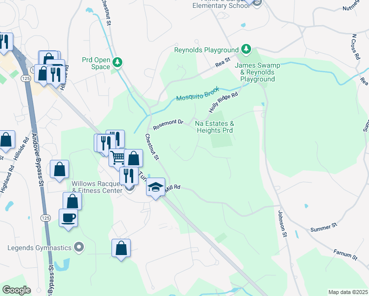 map of restaurants, bars, coffee shops, grocery stores, and more near 193 Rosemont Drive in North Andover