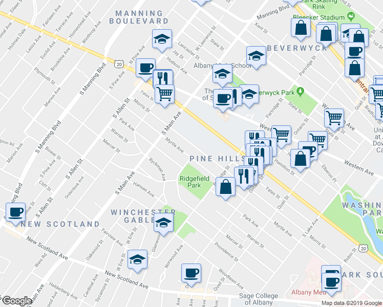 map of restaurants, bars, coffee shops, grocery stores, and more near 771 Myrtle Avenue in Albany