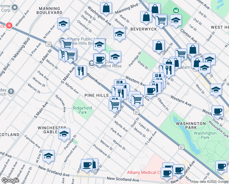 map of restaurants, bars, coffee shops, grocery stores, and more near 890 Madison Avenue in Albany