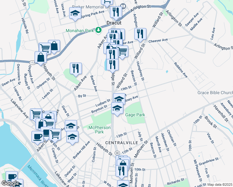 map of restaurants, bars, coffee shops, grocery stores, and more near 1 19th Street in Lowell