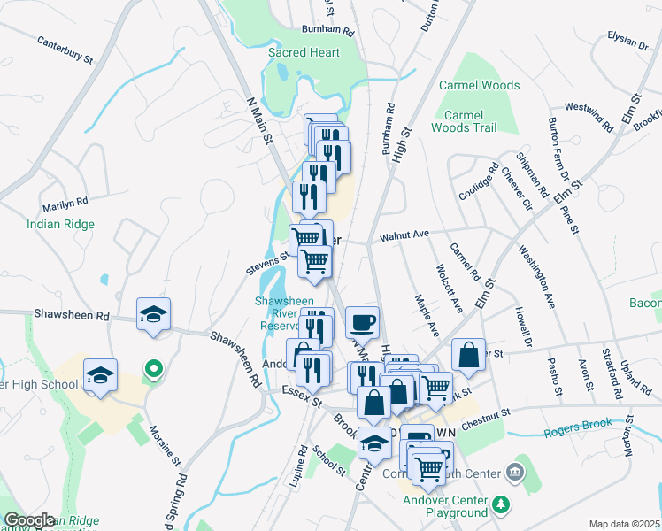 map of restaurants, bars, coffee shops, grocery stores, and more near 153 North Main Street in Andover