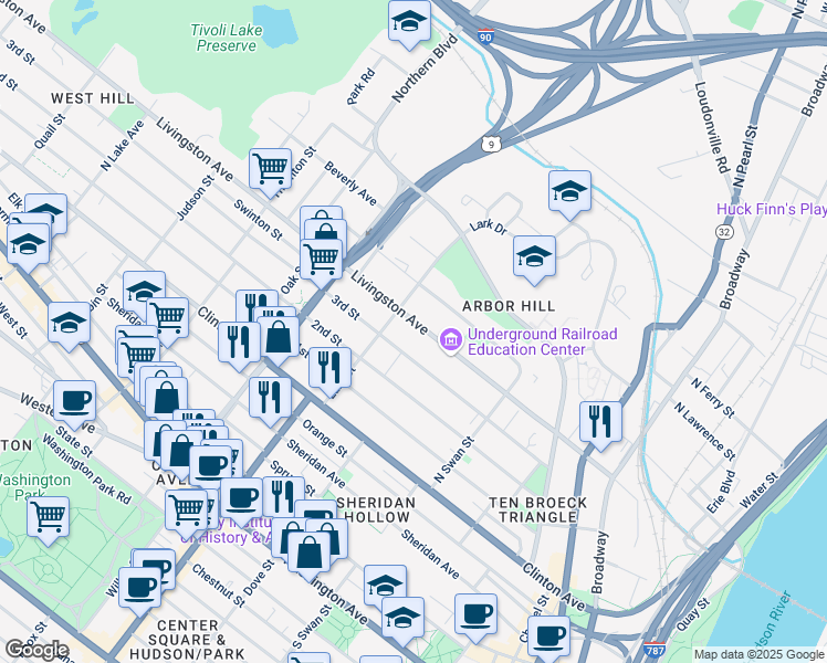map of restaurants, bars, coffee shops, grocery stores, and more near 149 3rd Street in Albany