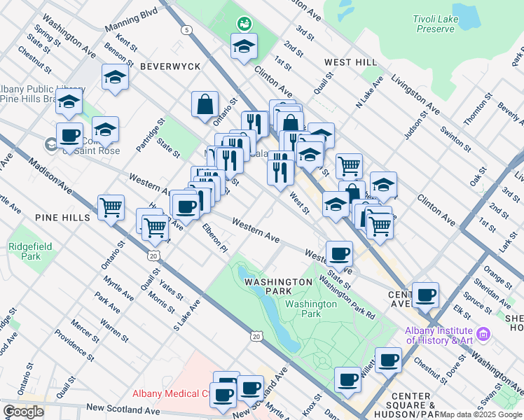 map of restaurants, bars, coffee shops, grocery stores, and more near 38 Cortland Place in Albany