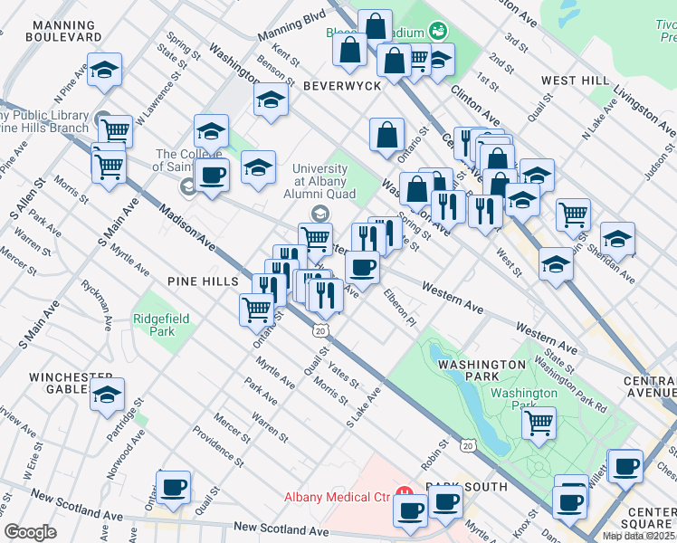 map of restaurants, bars, coffee shops, grocery stores, and more near 465 Hudson Avenue in Albany