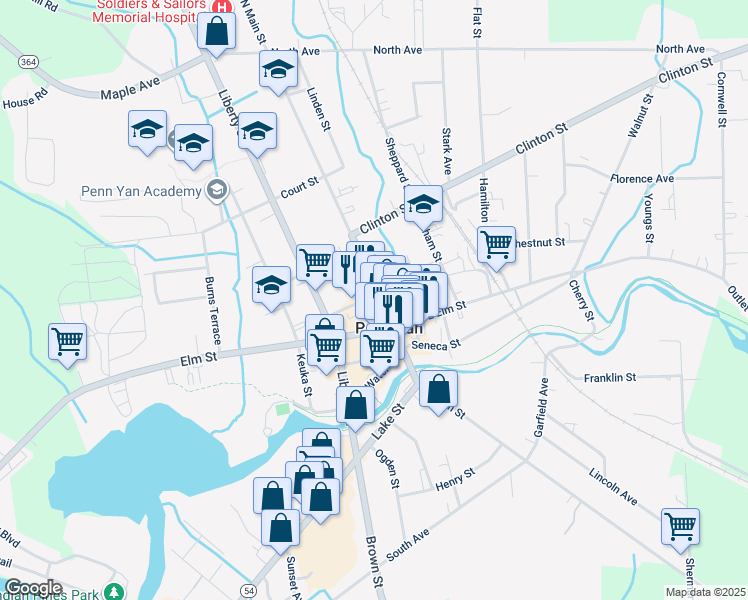 map of restaurants, bars, coffee shops, grocery stores, and more near 3 Maiden Lane in Penn Yan