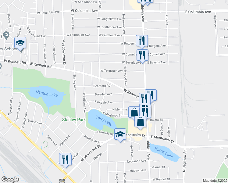 map of restaurants, bars, coffee shops, grocery stores, and more near 122 Dresden Avenue in Pontiac