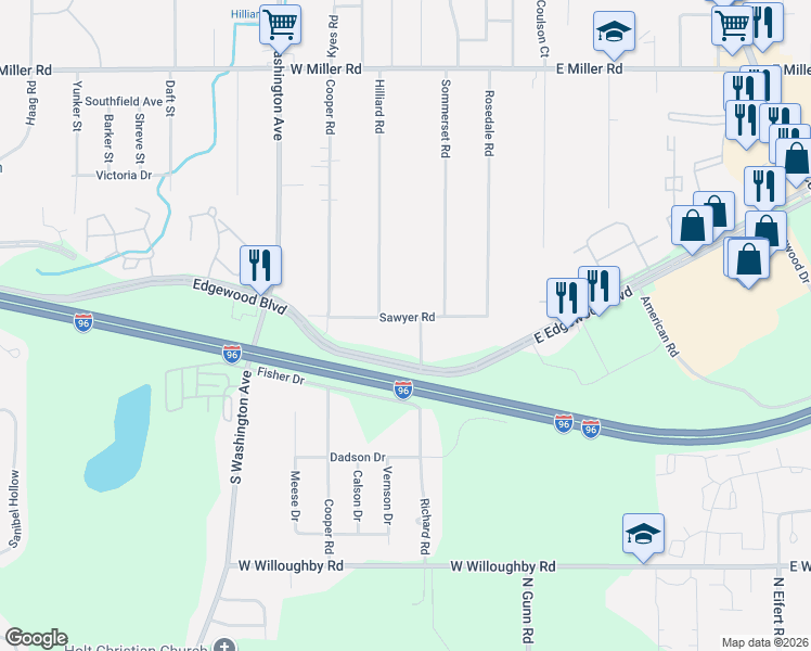 map of restaurants, bars, coffee shops, grocery stores, and more near 417 Sawyer Road in Lansing