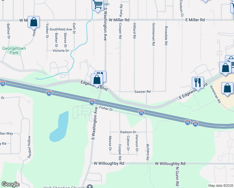 map of restaurants, bars, coffee shops, grocery stores, and more near 621 Sawyer Road in Lansing