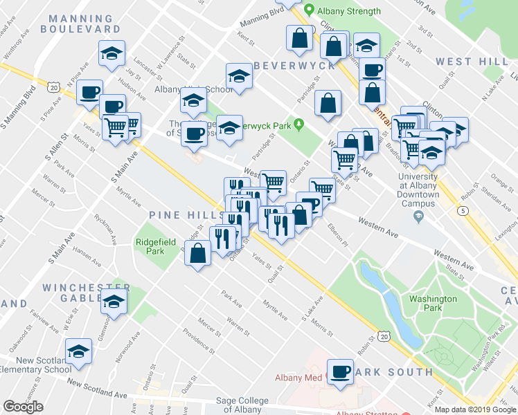 map of restaurants, bars, coffee shops, grocery stores, and more near 501 Hamilton Street in Albany