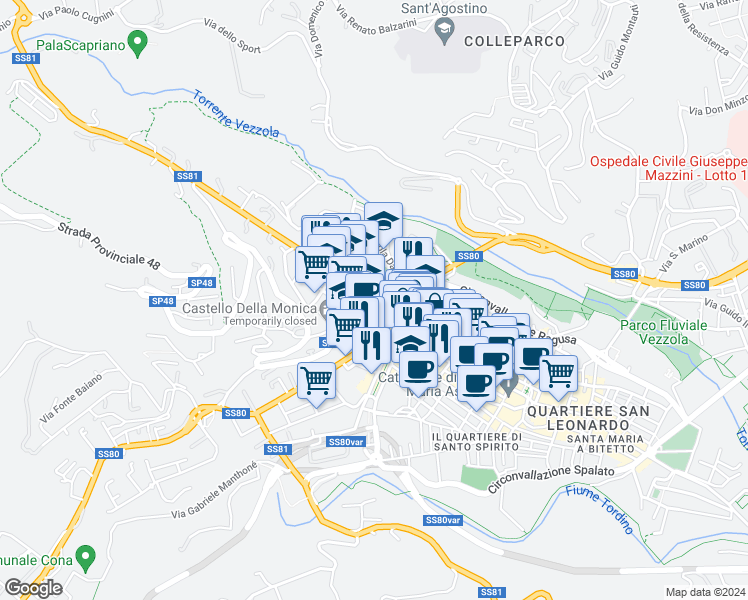 map of restaurants, bars, coffee shops, grocery stores, and more near 4 Viale Giovanni Bovio in Teramo