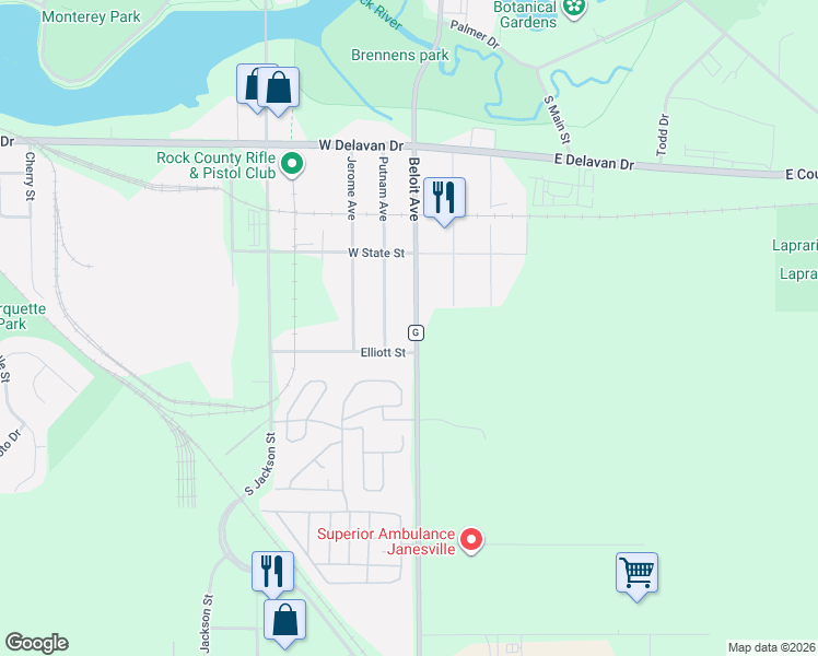 map of restaurants, bars, coffee shops, grocery stores, and more near 1332 County Highway G in Janesville