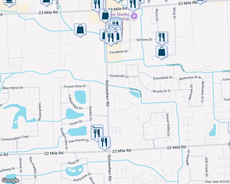 map of restaurants, bars, coffee shops, grocery stores, and more near 13651 Graham Drive in Shelby Township