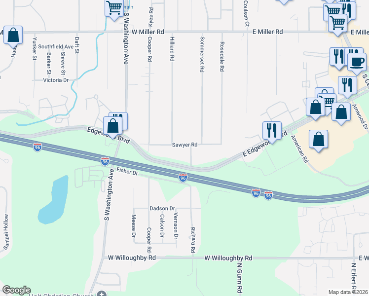 map of restaurants, bars, coffee shops, grocery stores, and more near 417 Sawyer Road in Lansing