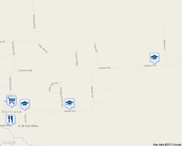 map of restaurants, bars, coffee shops, grocery stores, and more near 11111 Hibner Road in Hartland