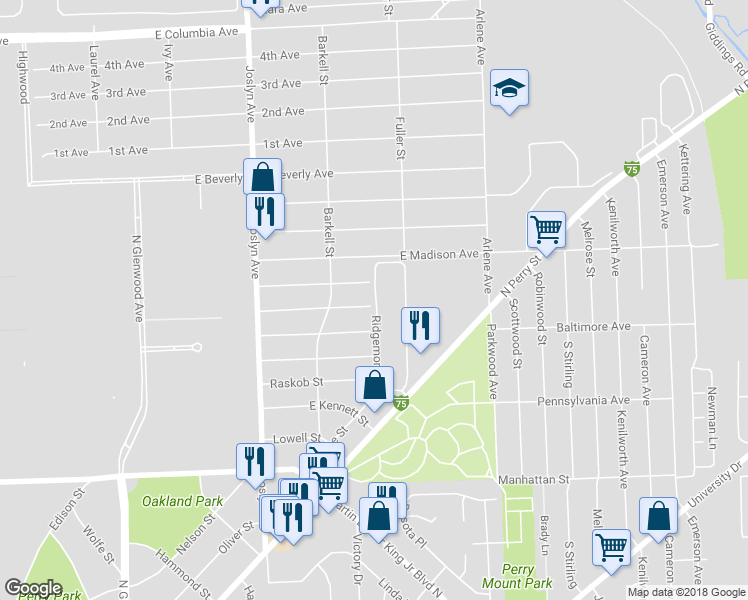 map of restaurants, bars, coffee shops, grocery stores, and more near 667 Wesbrook Street in Pontiac