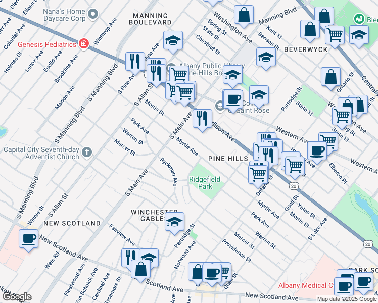 map of restaurants, bars, coffee shops, grocery stores, and more near 802 Myrtle Avenue in Albany